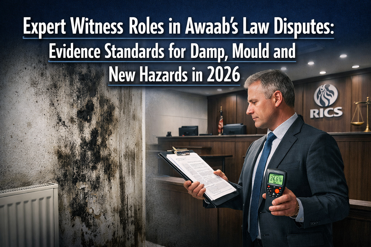 Professional () editorial hero image with 'Expert Witness Roles in Awaab's Law Disputes: Evidence Standards for Damp, Mould