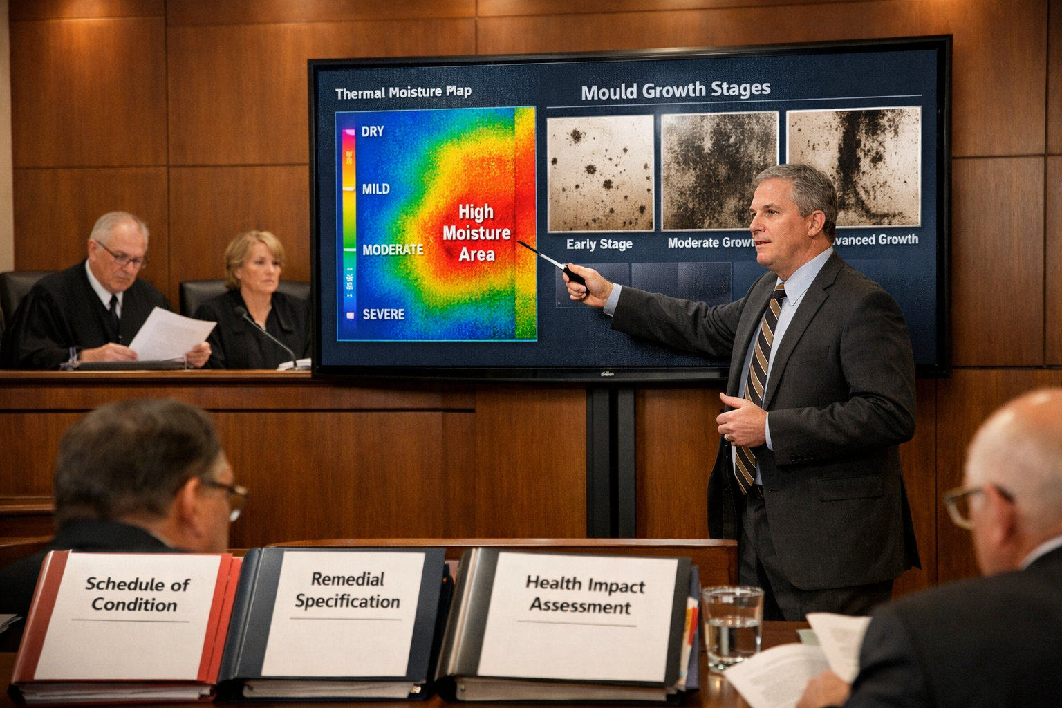 () photorealistic scene inside modern tribunal hearing room showing expert witness presenting evidence on large digital