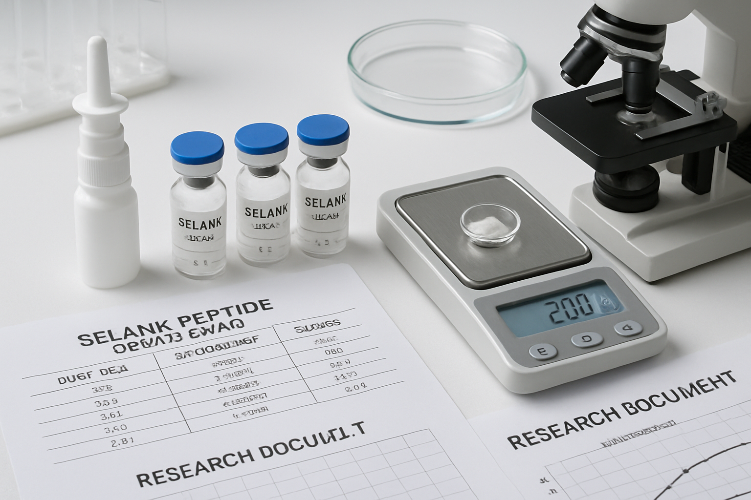 Laboratory research scene showing Selank peptide vials with precise measurement markings, digital scales displaying mcg measurements, nasal 