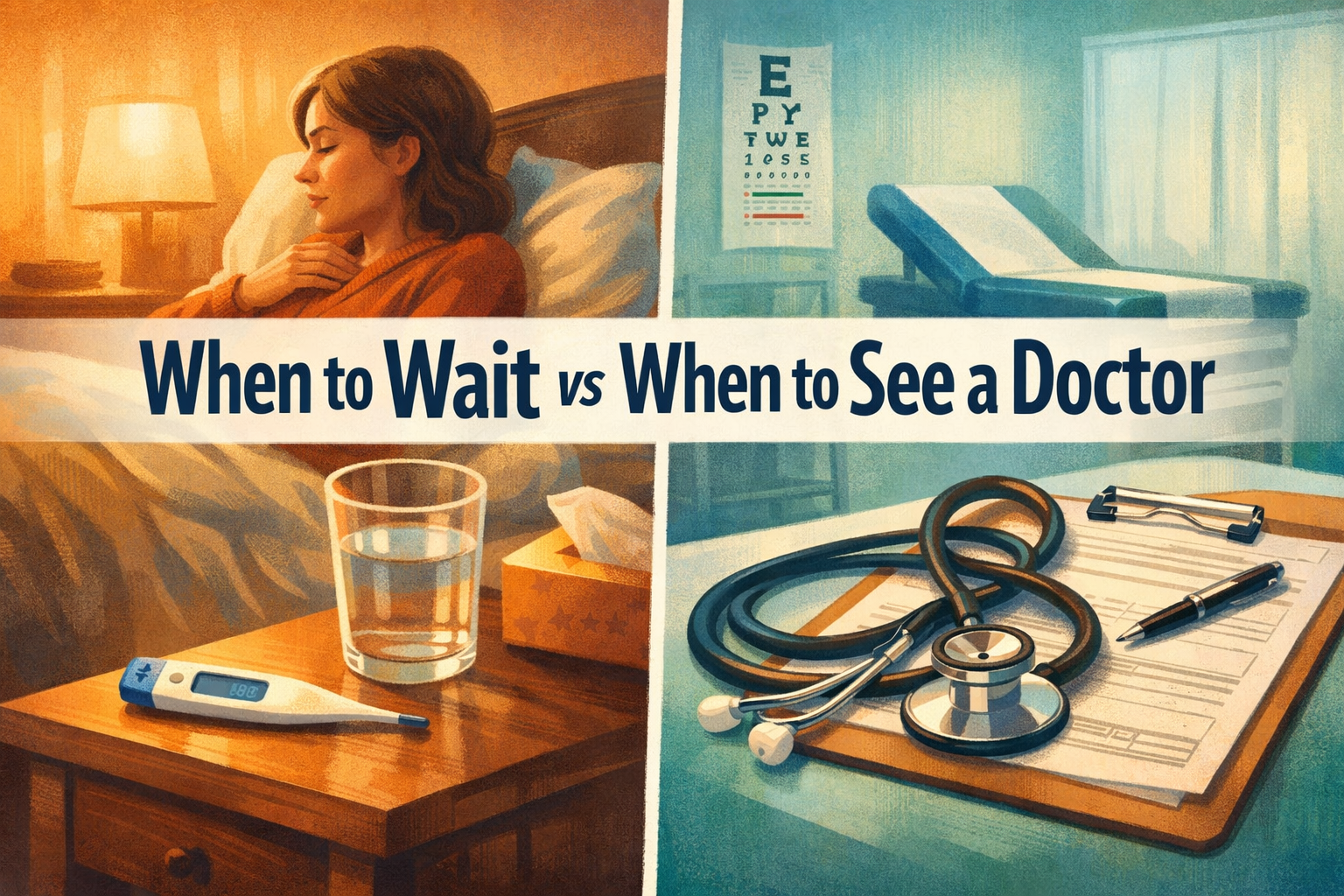 Common Health Symptoms Guide, illustration showing a split-panel concept: left side depicts a person calmly monitoring mild symptoms