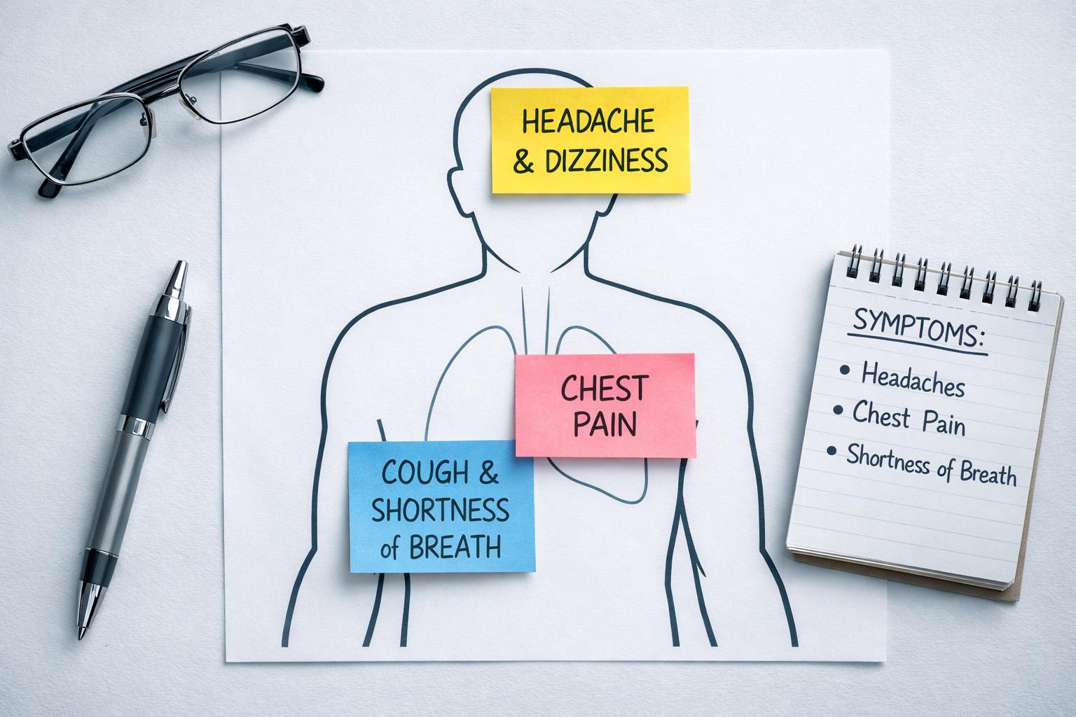 () close-up overhead flat-lay of a human body outline diagram on white paper with colored sticky note annotations marking