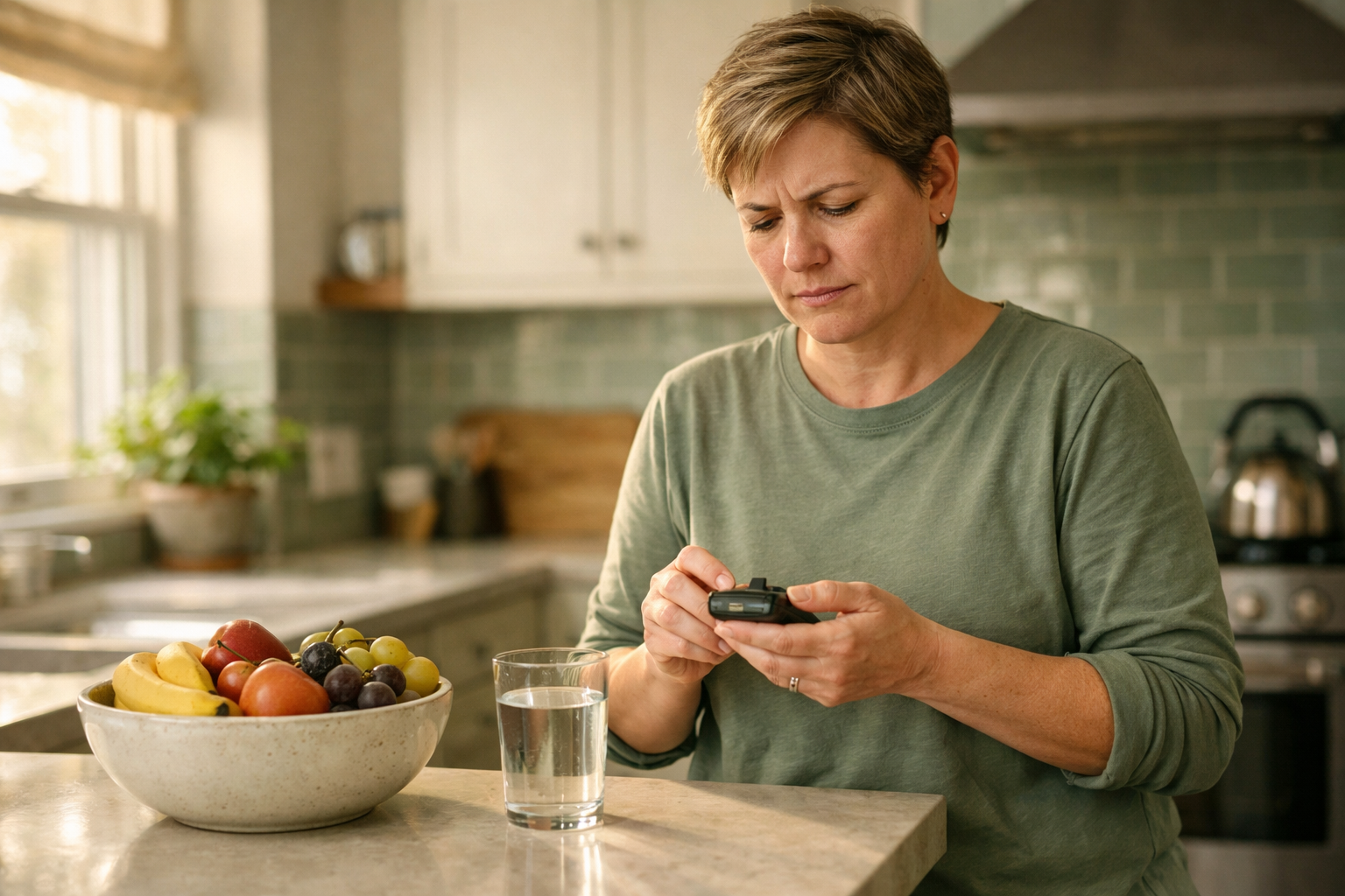 () wide-angle editorial photo of a person in their 40s standing in a bright kitchen, looking slightly concerned while