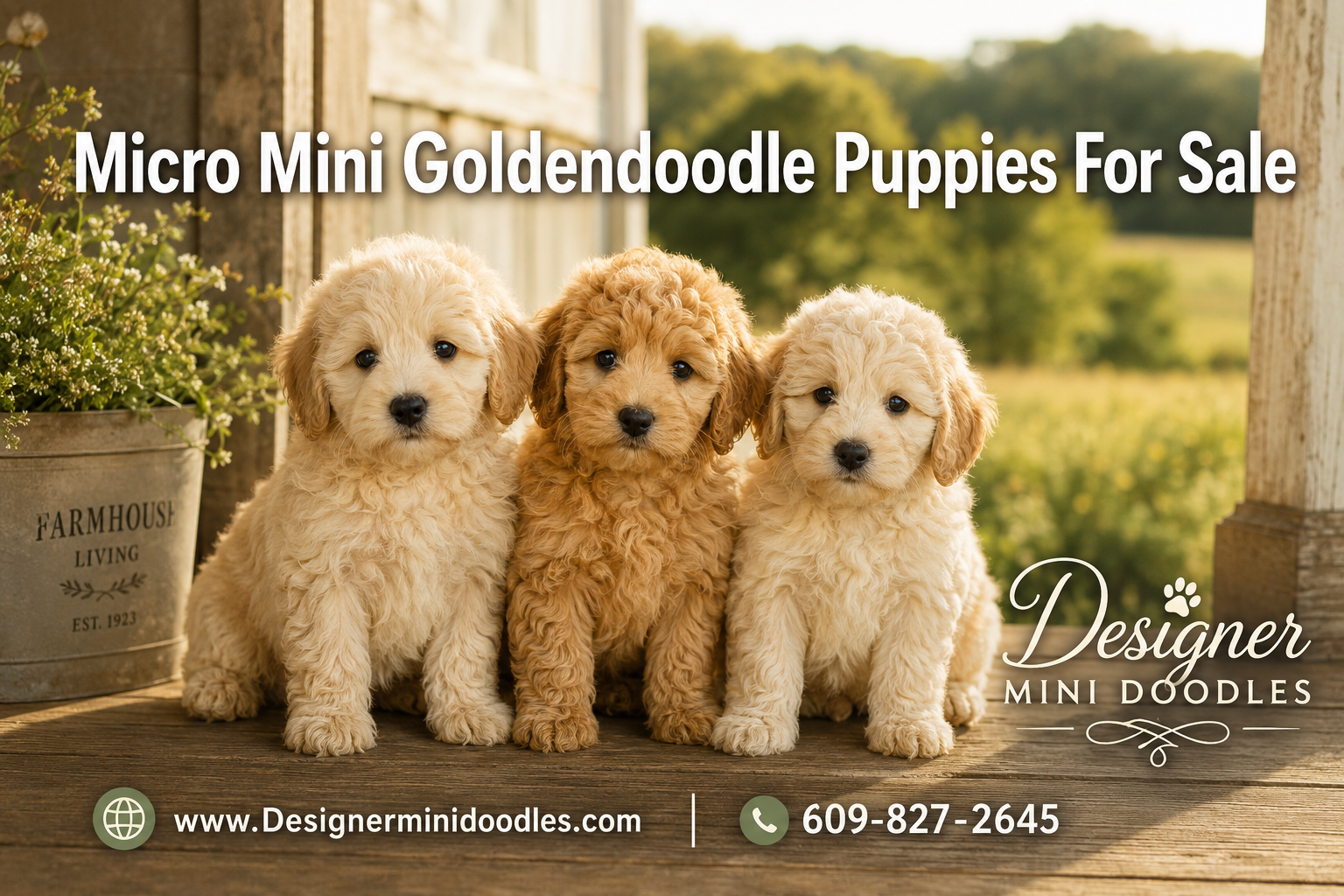 Professional () editorial hero image featuring 'Micro Mini Goldendoodle Puppies For Sale' in white with soft drop , centered