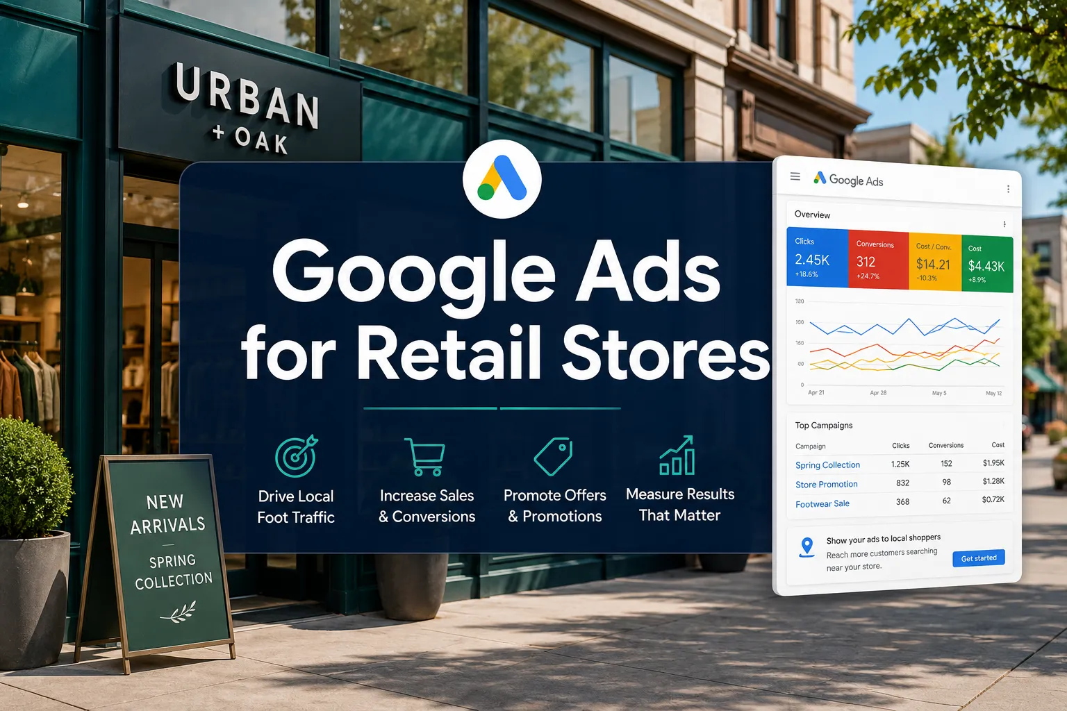 Professional hero image with 'Google Ads for Retail Stores' in crisp white on a deep navy semi-transparent panel
