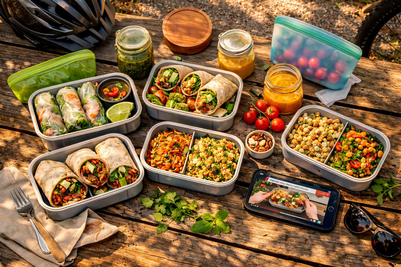 () editorial-style flat-lay food photography showing an overhead bird's-eye view of a rustic wooden picnic table outdoors