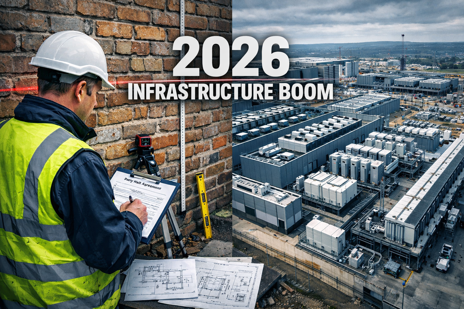 Detailed landscape format (1536x1024) image showing party wall surveyor conducting inspection at data center construction site boundary. Spl