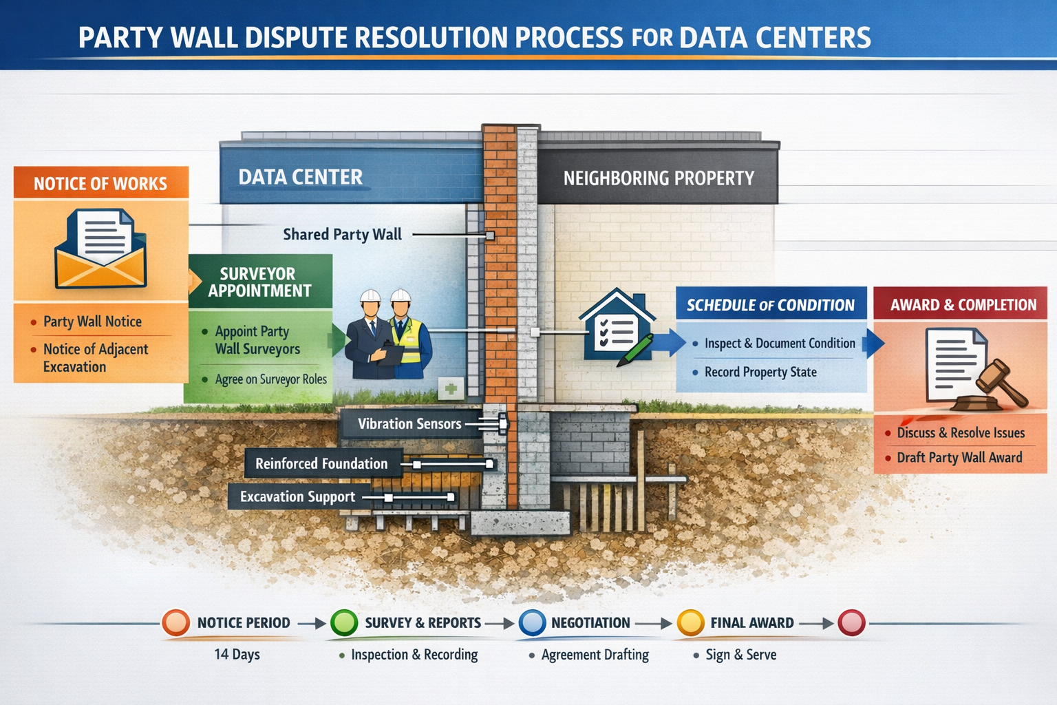 Comprehensive landscape format (1536x1024) infographic illustrating party wall dispute resolution process for data centers. Visual flowchart