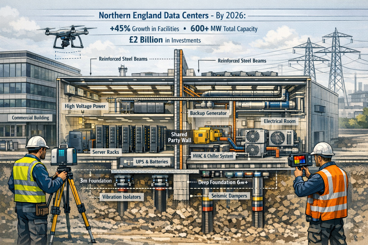 Detailed landscape format (1536x1024) technical illustration showing future-focused party wall surveying for 2026 data center projects. Main