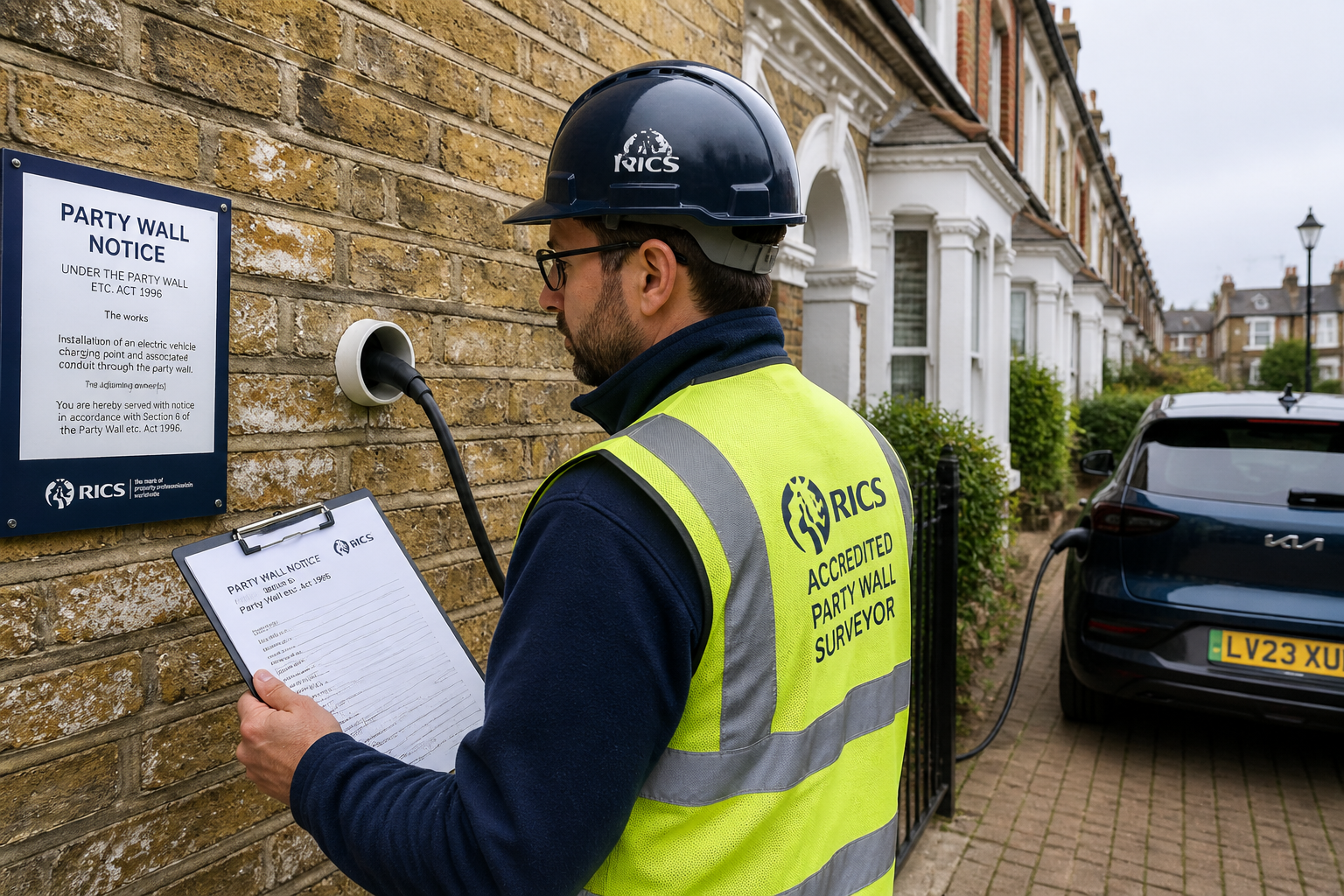 Wide-angle () editorial illustration showing a RICS-accredited party wall surveyor in a hi-vis vest and hard hat inspecting