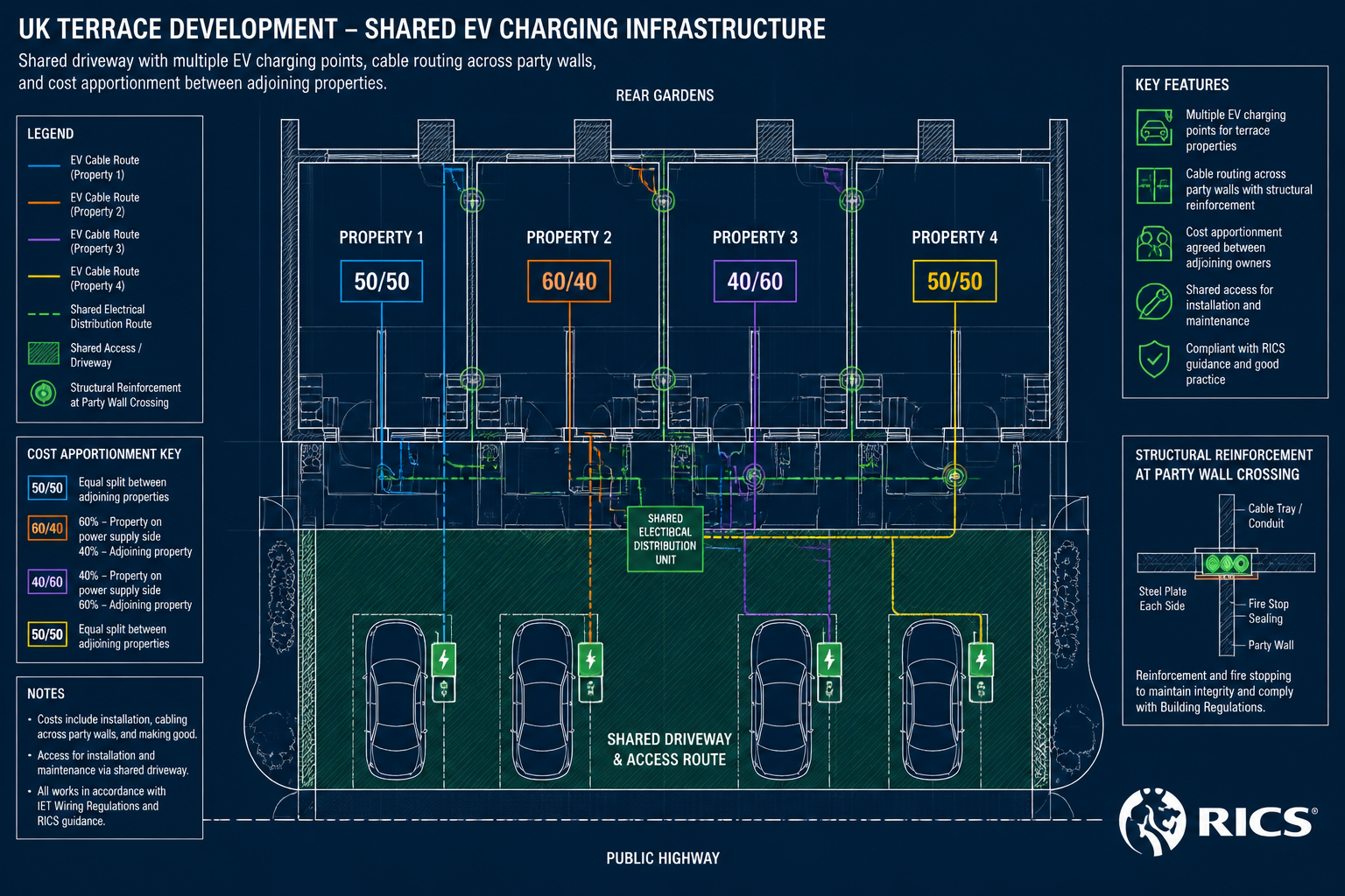 Overhead bird's-eye view () infographic-style diagram of a UK terrace development showing shared driveway with multiple EV