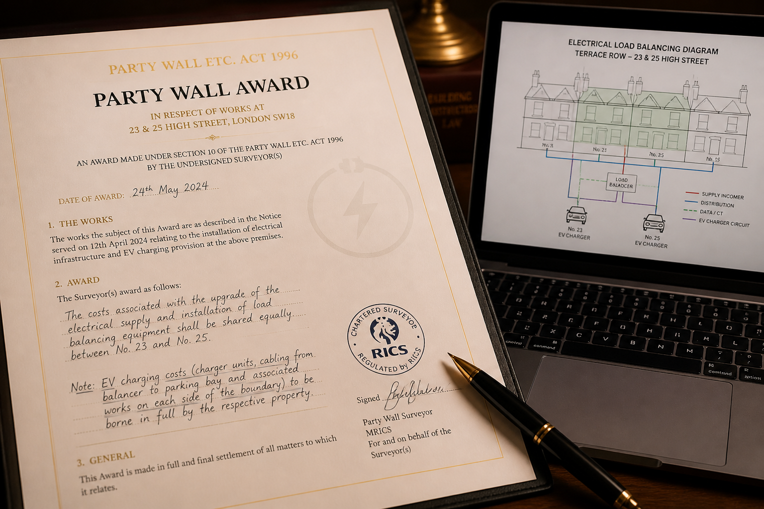 Close-up () of a formal Party Wall Award document on a desk, showing handwritten annotations about EV charging cost