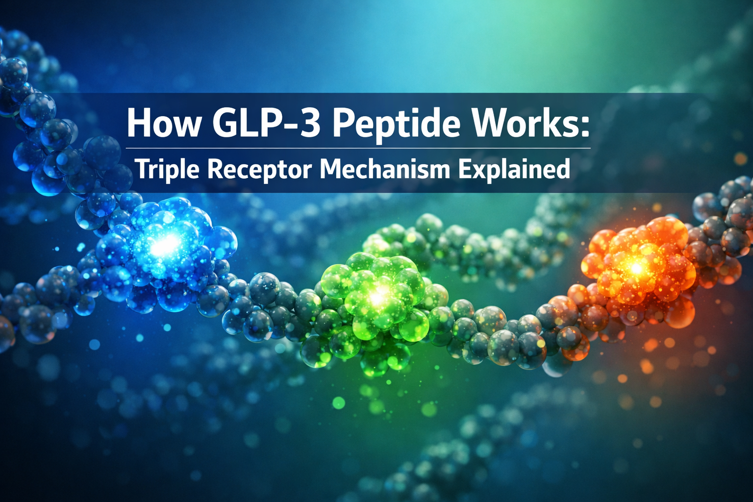 Professional landscape format (1536x1024) hero image with bold text overlay 'How GLP-3 Peptide Works: Triple Receptor Mechanism Explained' i