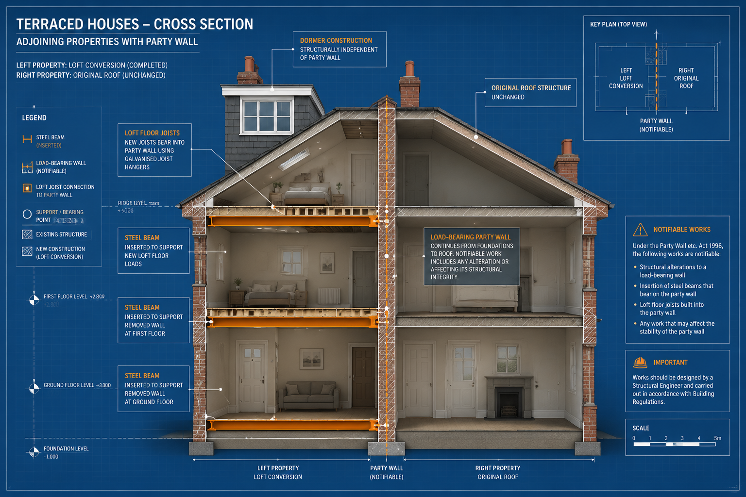 Detailed () infographic-style illustration showing a cross-section diagram of two adjoining UK terraced houses sharing a