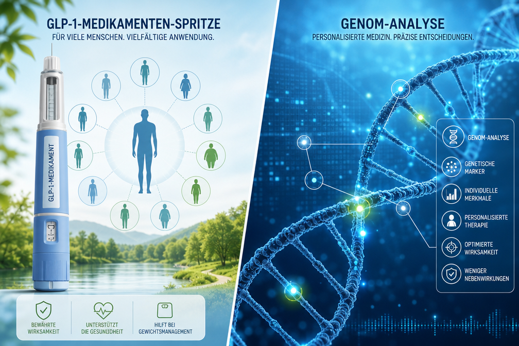GLP-1-Medikamente und die Zukunft der personalisierten Medizin: Genomische Marker für optimale Therapieansätze Kontrast von allgemeiner GLP-1 Spritze und personalisierter Genom-Analyse