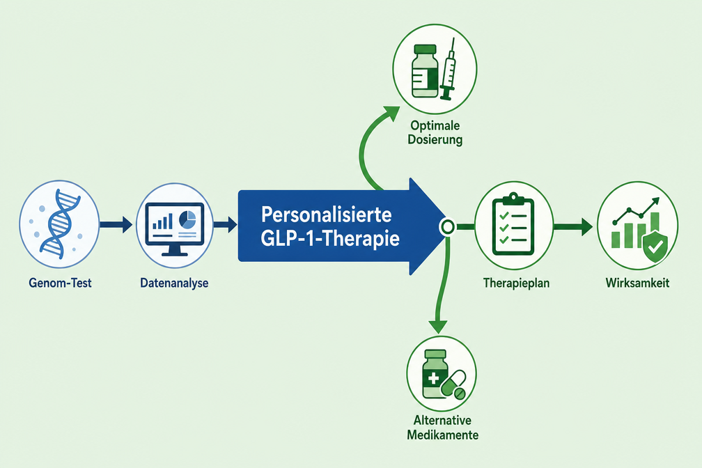 GLP-1-Medikamente und die Zukunft der personalisierten Medizin: Genomische Marker für optimale Therapieansätze Infografik zur Personalisierung von GLP-1-Therapien durch Genom-Analyse