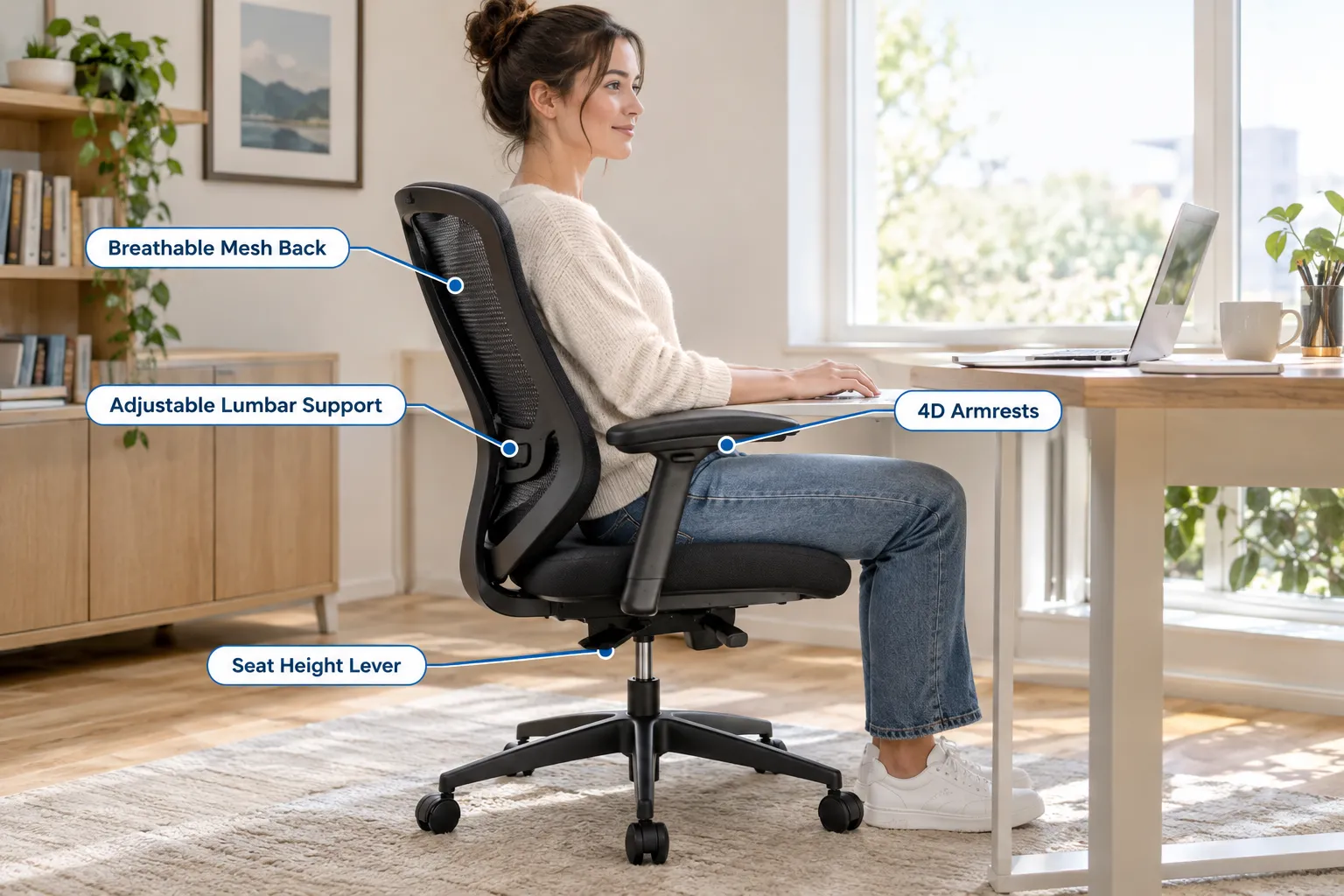 Annotated documentary style photograph of a person sitting upright at a mesh office desk chair in a bright home office, with four short callout labels pointing to specific parts: 'Adjustable Lumbar Support', 'Breathable Mesh Back', '4D Armrests', 'Seat Height Lever'. Natural daylight from a window, clean modern desk setup, shallow depth of field, editorial product photography style, labels sharp and non overlapping inside safe margins. What Makes a Good Desk Chair for Long Hours