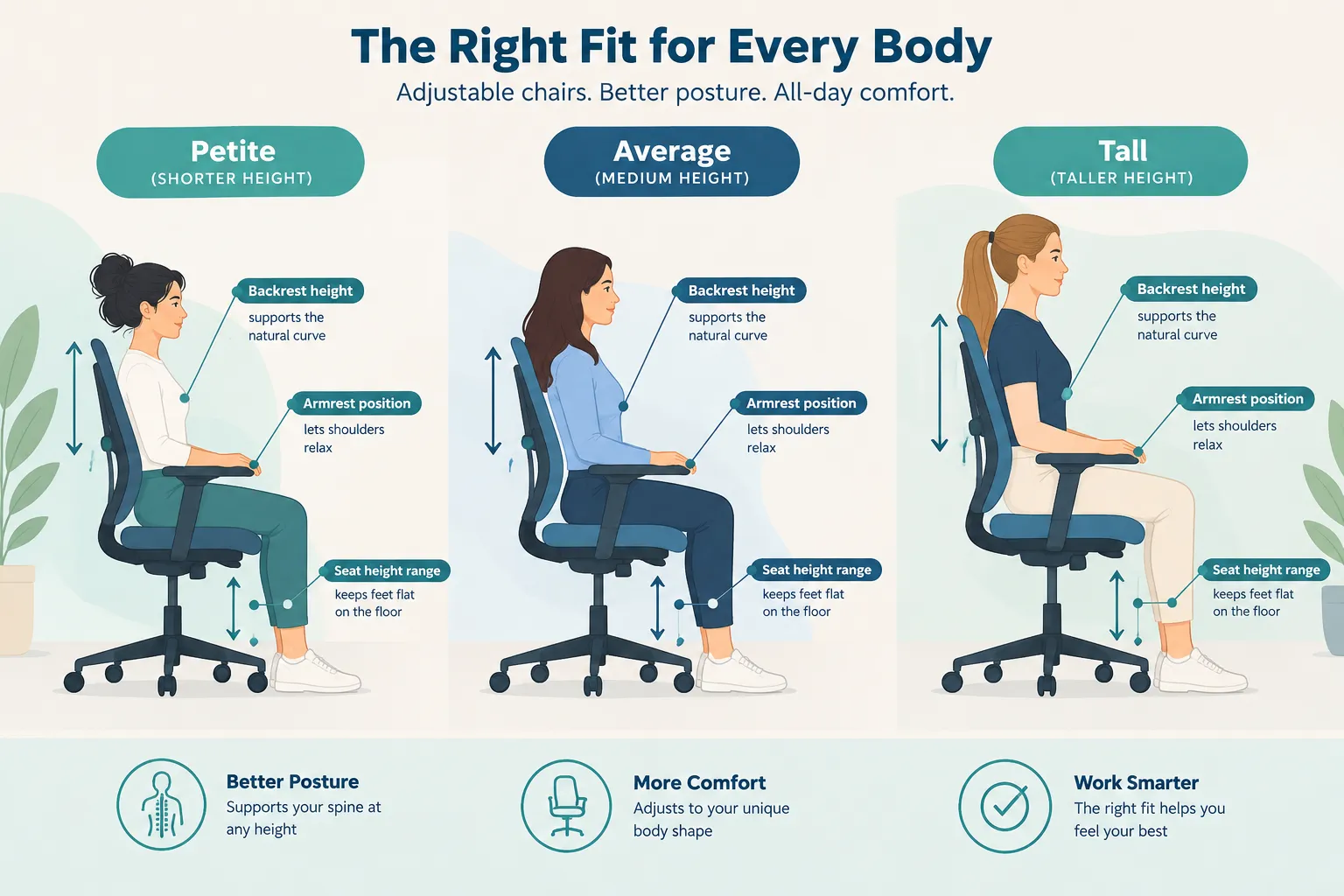 Infographic style illustration showing three body silhouettes of different heights (petite, average, tall) seated in adjustable office chairs, with labelled callout lines pointing to seat height range, backrest height and armrest position for each silhouette, soft pastel background with navy and teal accent colors, flat vector illustration style, clean sans serif labels, no numbers or prices shown, editorial infographic polish. Are Expensive Desk Chairs Worth It