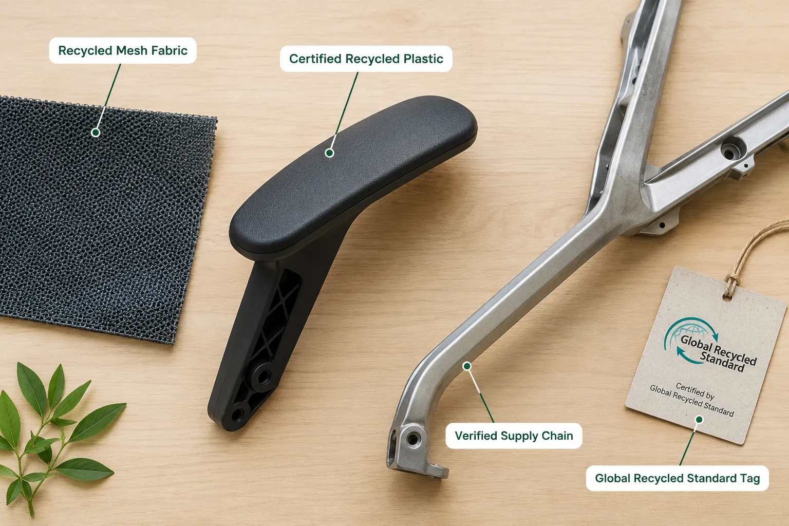 Labelled diagram style photograph of office chair components laid out on a light wood table including a swatch of recycled mesh fabric, a recycled plastic armrest piece and a metal frame section, with four short callout labels reading 'Recycled Mesh Fabric', 'Certified Recycled Plastic', 'Verified Supply Chain', 'Global Recycled Standard Tag', bright natural lighting, top down flat lay composition, clean minimal background, sustainability themed editorial photography. Global Recycled Standard: What GRS Certification Means for Your Office Chair