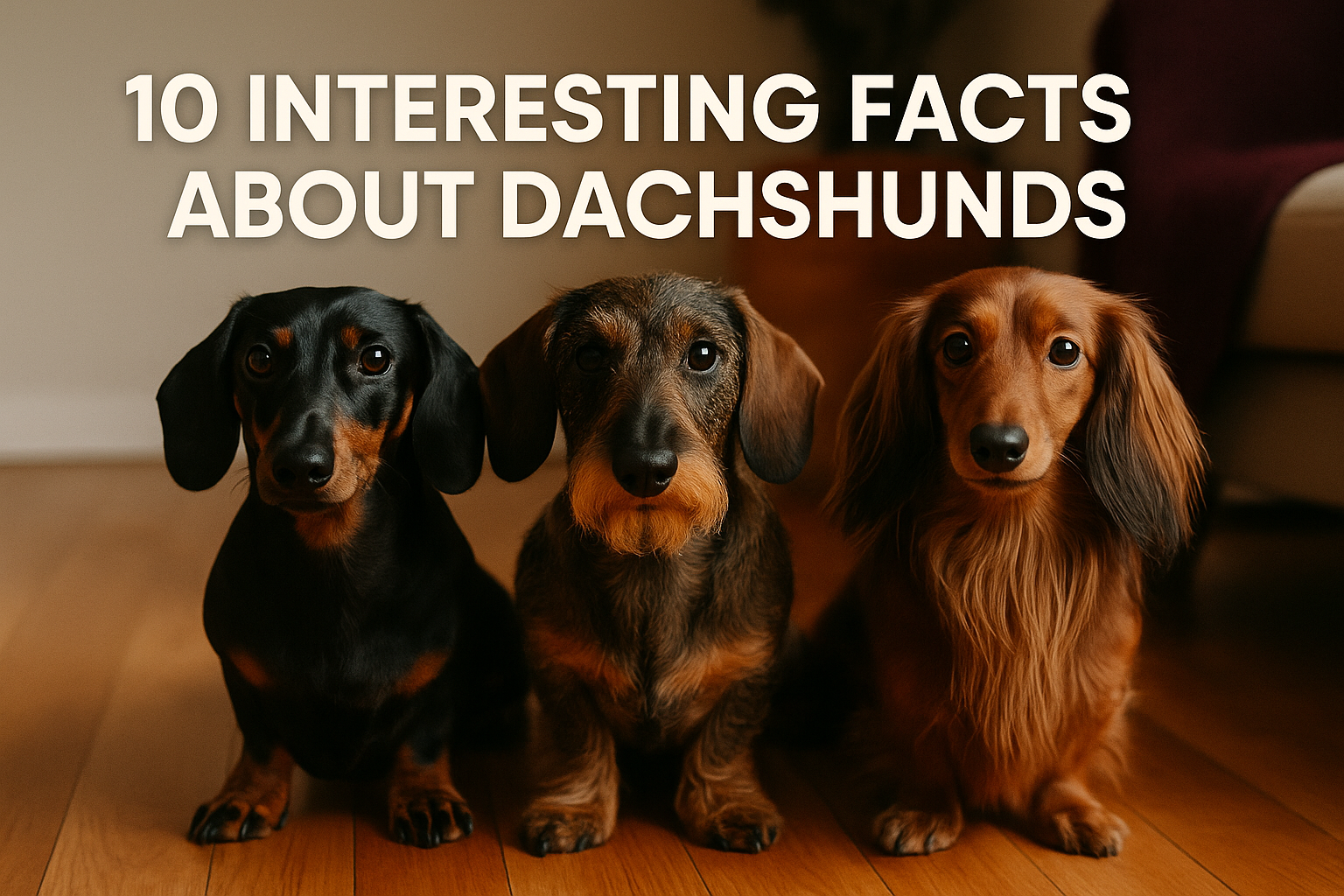 Professional landscape hero image (1536x1024) featuring bold text overlay '10 Interesting Facts About Dachshunds' in extra large 72pt bold s
