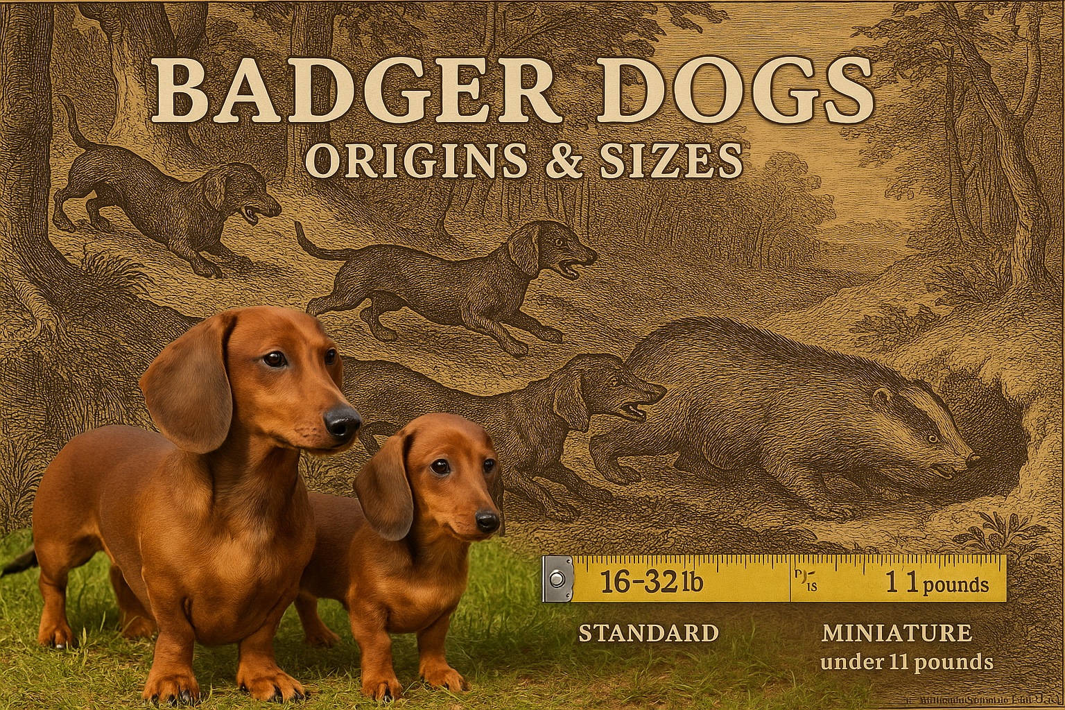 Detailed landscape editorial image (1536x1024) showing historical illustration of dachshunds hunting badgers in German forest setting from 1