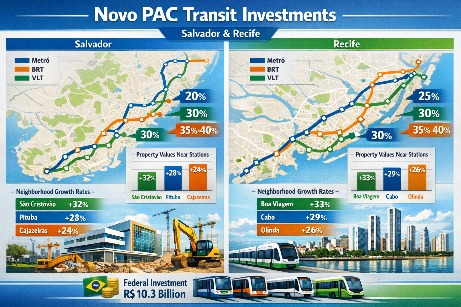 Detailed landscape format (1536x1024) infographic showing Novo PAC transit investment map of Salvador and Recife with highlighted metro line