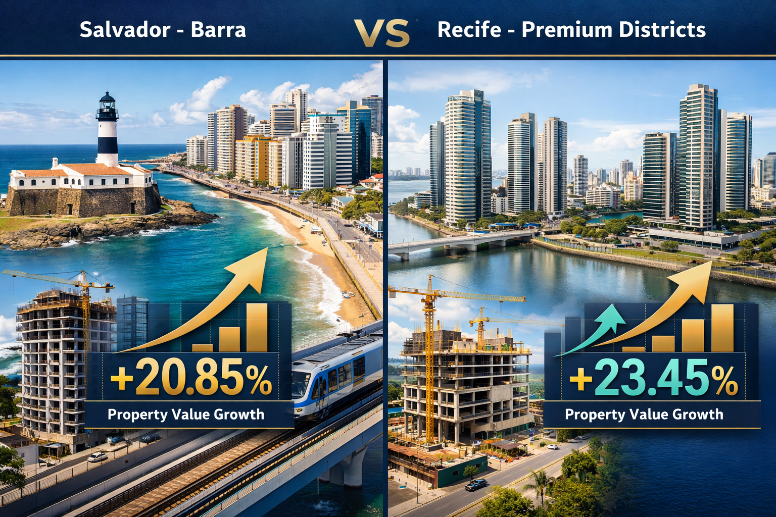 Professional landscape format (1536x1024) split-screen comparison showing Salvador's Barra neighborhood on left and Recife's premium distric