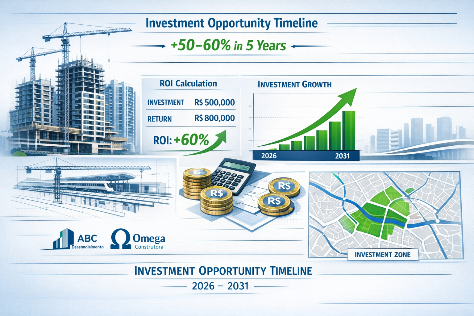 Detailed landscape format (1536x1024) conceptual illustration showing investment opportunity timeline from 2026 to 2031 with five-year proje