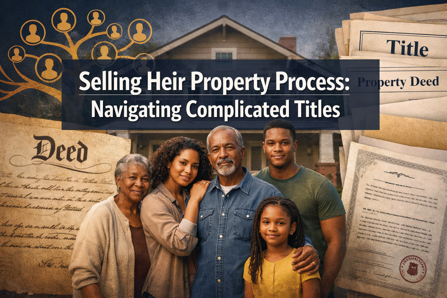 Professional landscape format (1536x1024) hero image featuring bold text overlay 'Selling Heir Property Process: Navigating Complicated Titl