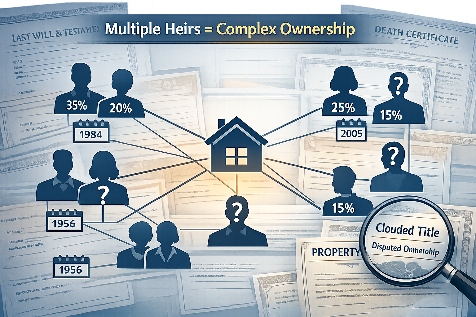 Detailed landscape format (1536x1024) illustration showing tangled web of heir property ownership with multiple family member silhouettes co