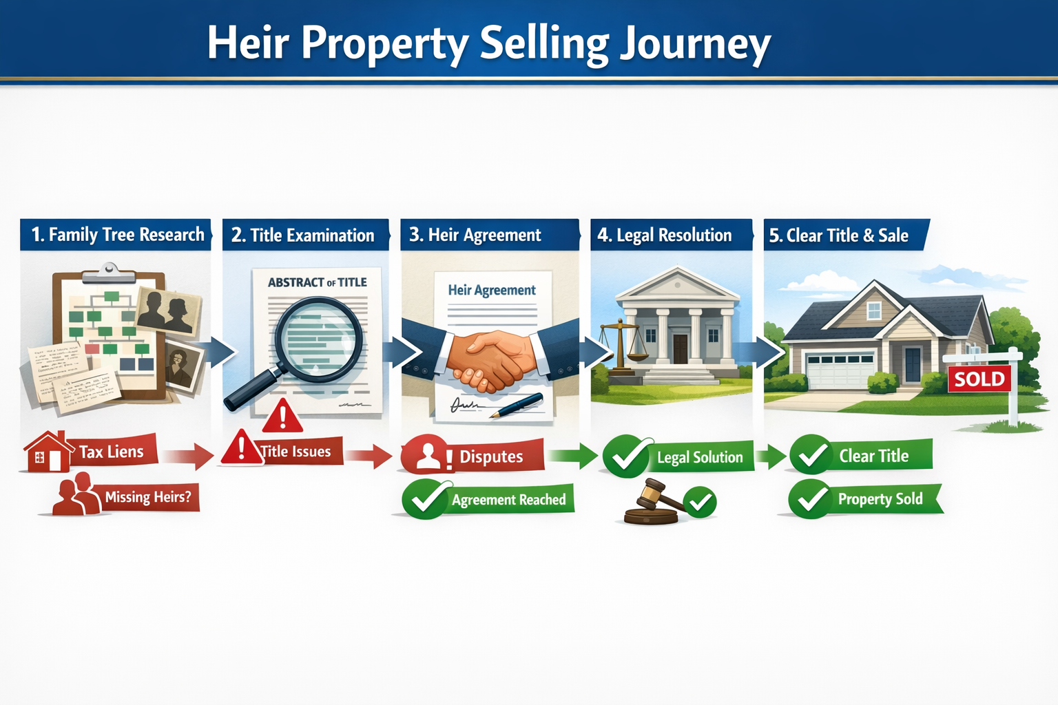 Detailed landscape format (1536x1024) step-by-step process infographic showing the heir property selling journey from left to right with num