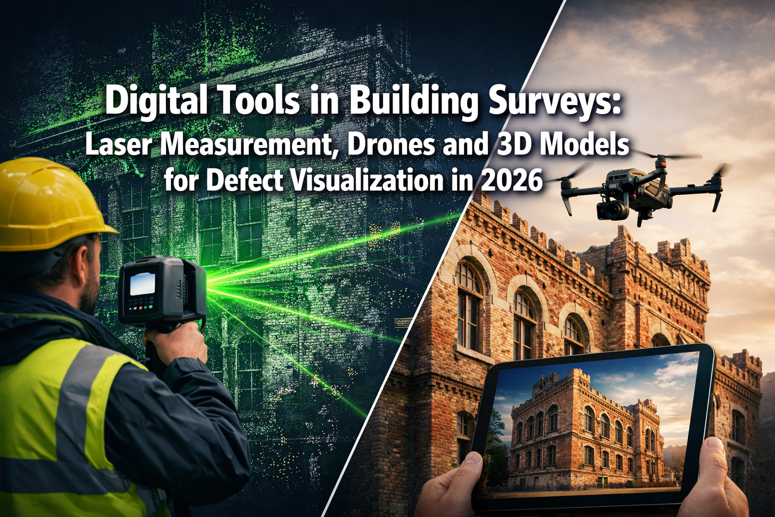 Professional () hero image with : 'Digital Tools in Building Surveys: Laser Measurement, Drones and 3D Models for Defect