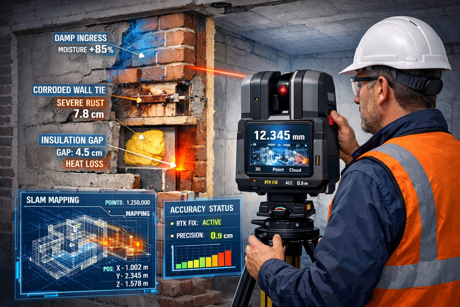 () detailed technical illustration showing laser measurement technology in action at building survey site. Central focus on