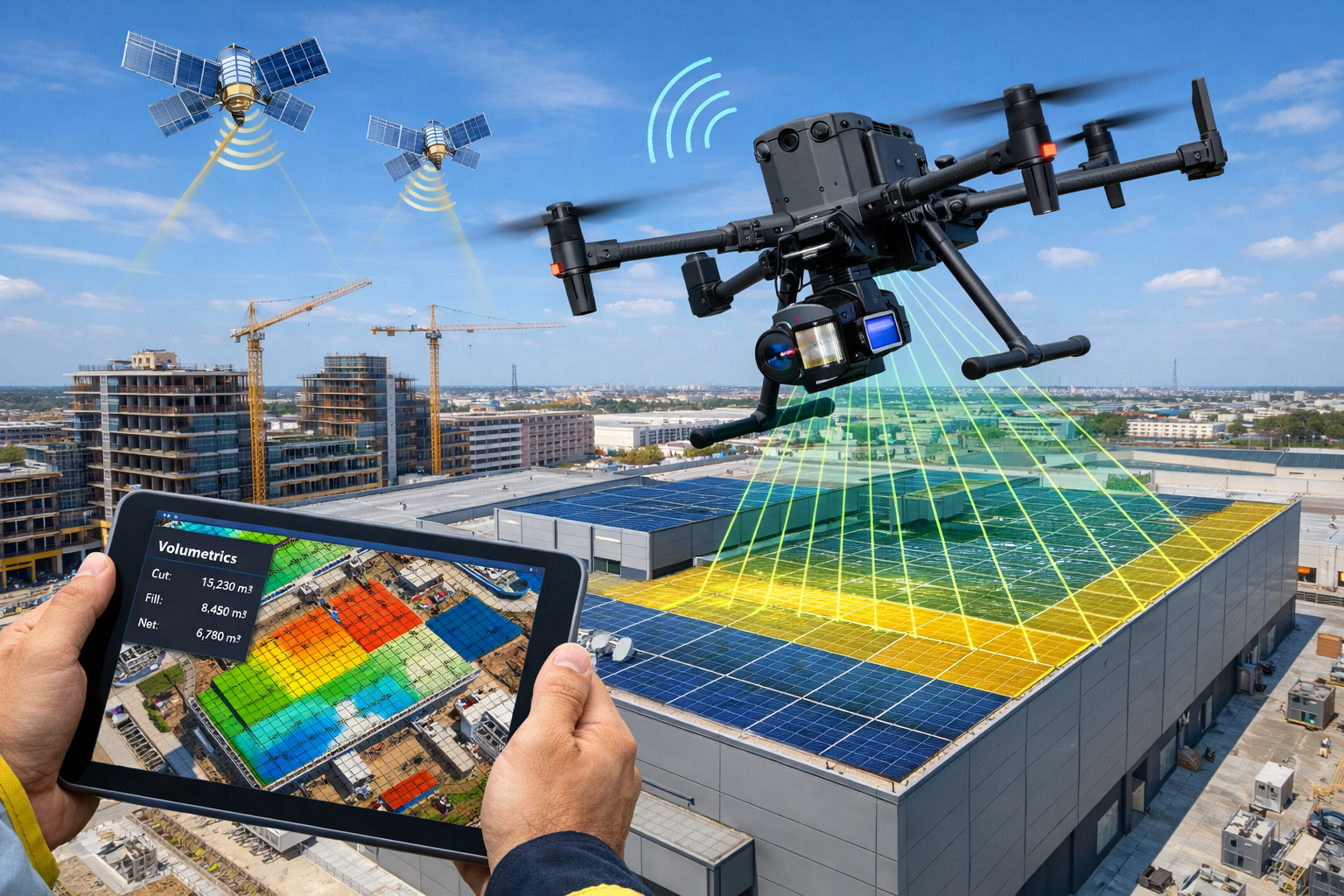 () dynamic aerial perspective showing professional quadcopter drone with mounted LiDAR sensor system hovering at 45-degree