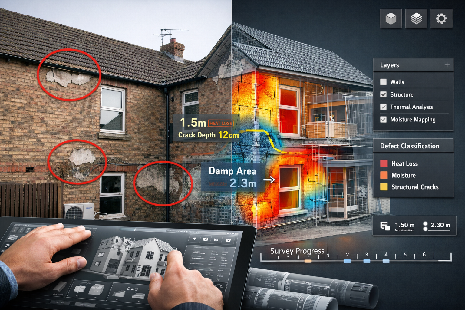 () sophisticated 3D visualization showing split-screen comparison of traditional building survey photo versus immersive 3D