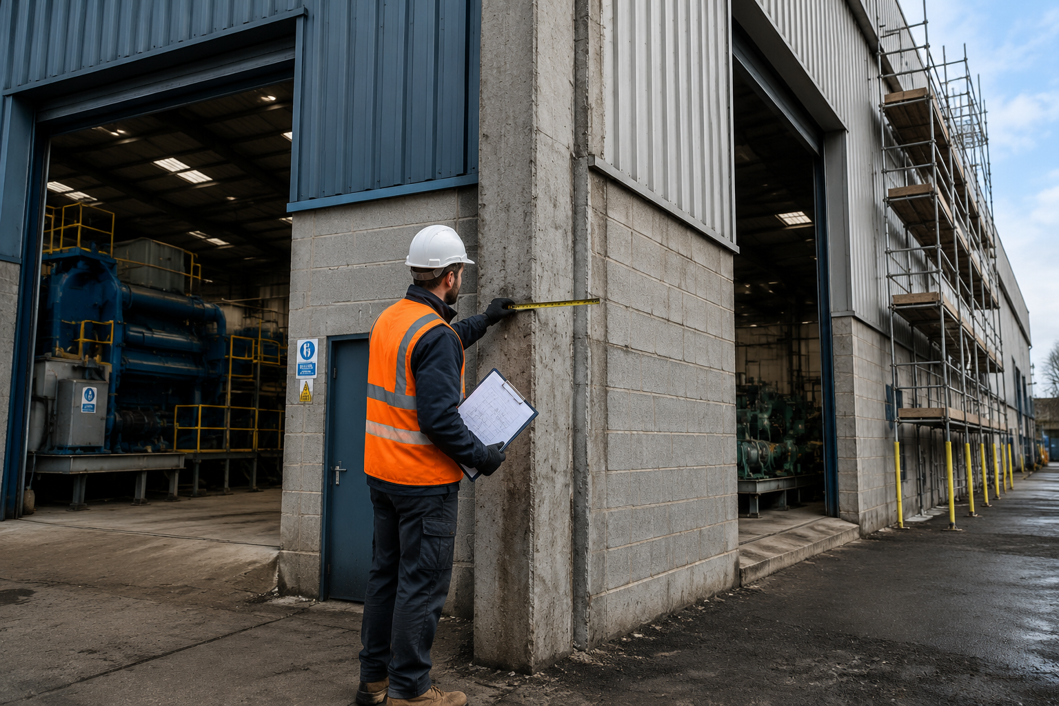 Wide-angle ground-level photograph of two adjacent industrial factory buildings sharing a thick concrete party wall, with a