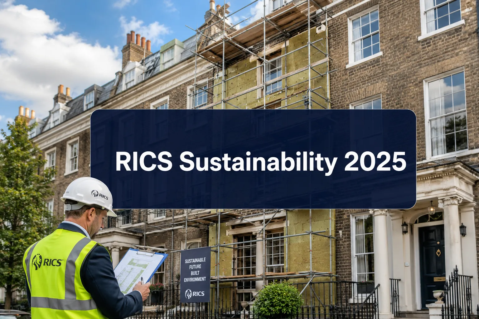 Professional () hero image with (≤42 chars): 'RICS Sustainability 2025' in crisp white on a deep navy semi-transparent