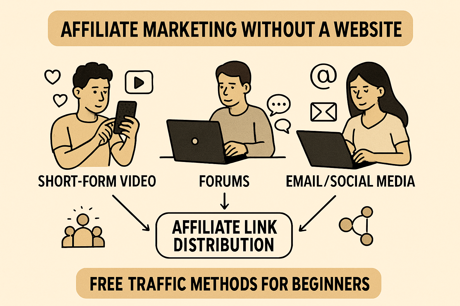 An illustrative diagram detailing different traffic generation strategies for affiliate marketing without a website, specifically focusing o