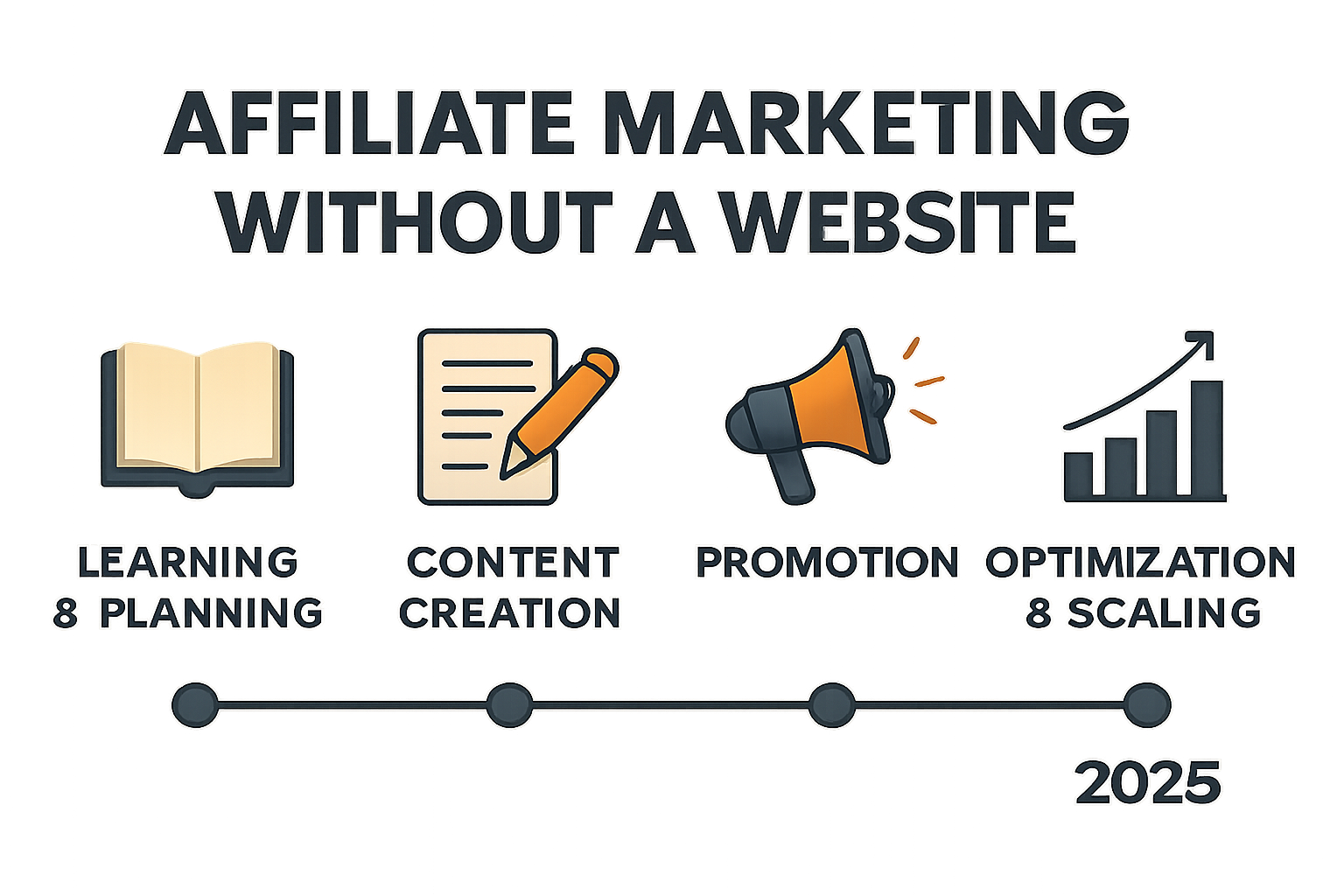 A timeline or step-by-step graphic illustrating the journey of an aspiring affiliate marketer starting with no website and progressing to co