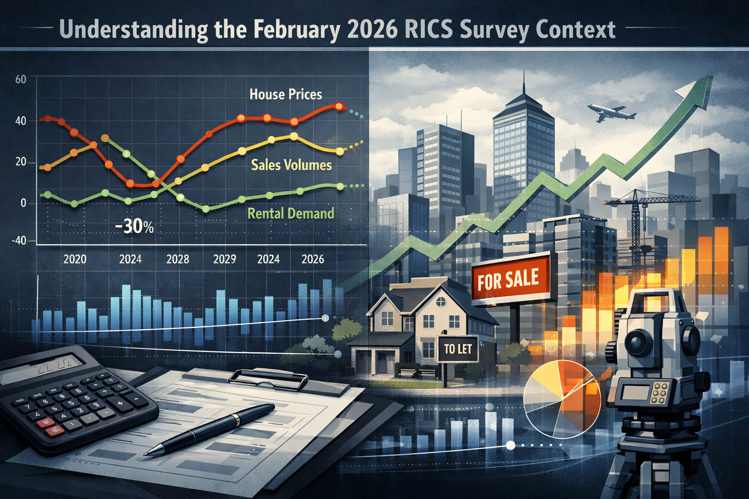 Comprehensive contextual visualization for 'Understanding the February 2026 RICS Survey Context', depicting a split-screen