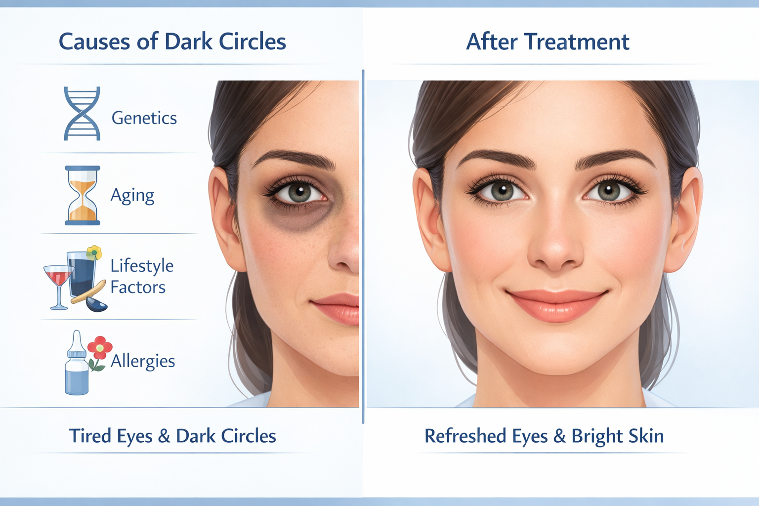 Landscape format (1536x1024) infographic showing dark circles causes with split-screen comparison: left side showing tired eyes with dark ci