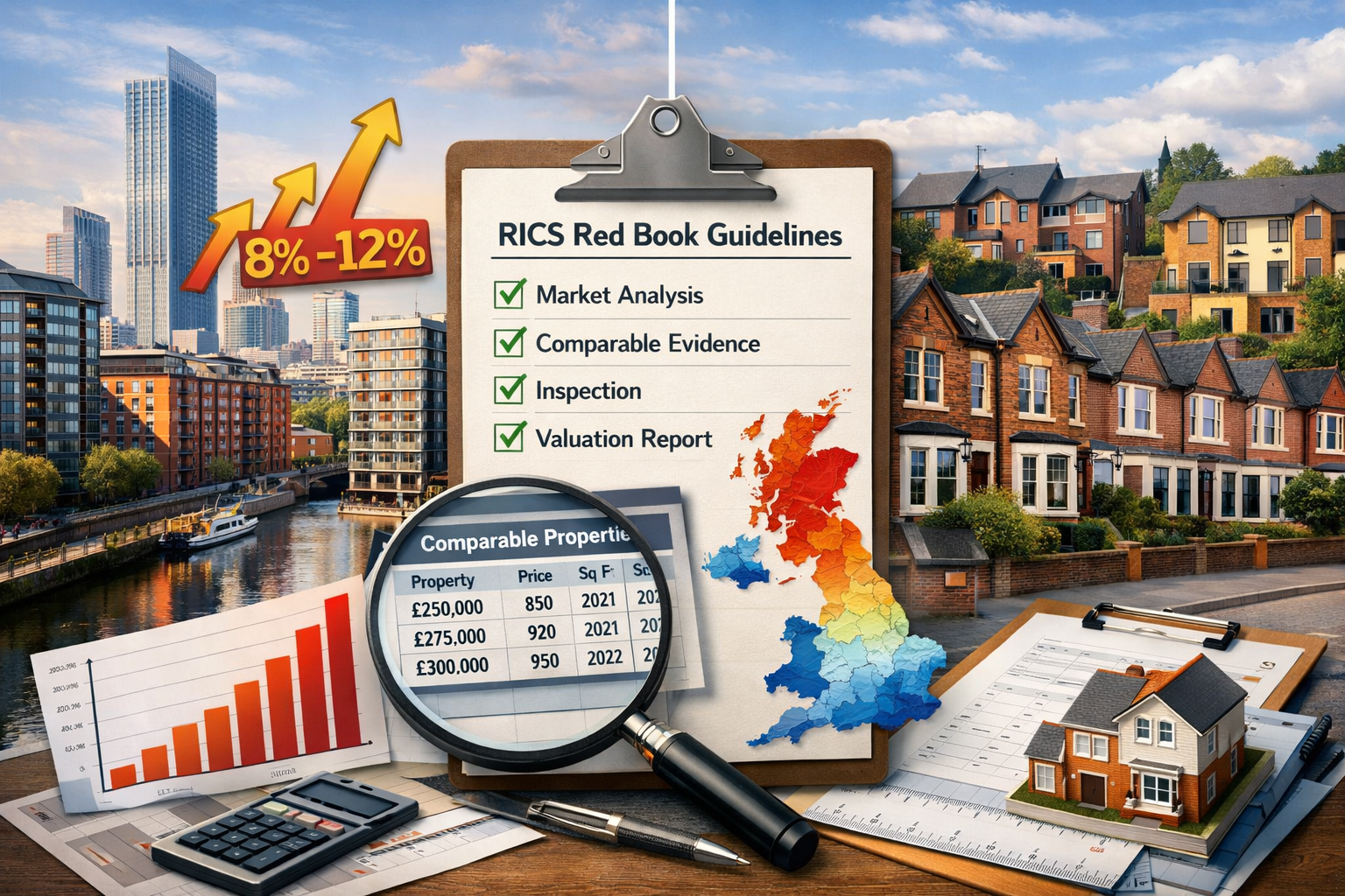 Detailed landscape format (1536x1024) image showing split-screen comparison of Northern England property markets. Left side displays Manches