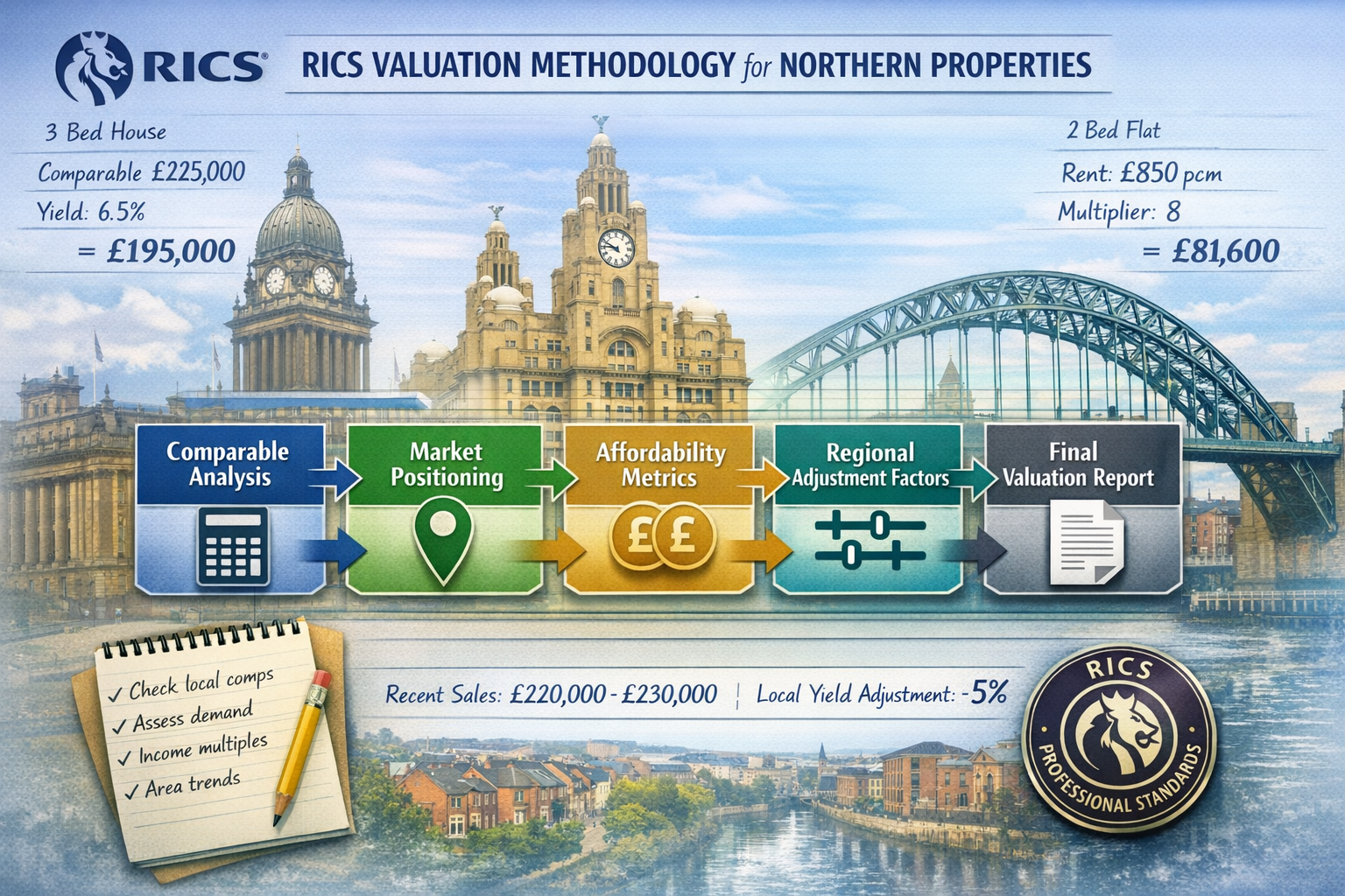 Detailed landscape format (1536x1024) infographic-style image illustrating RICS valuation methodology workflow for Northern properties. Cent