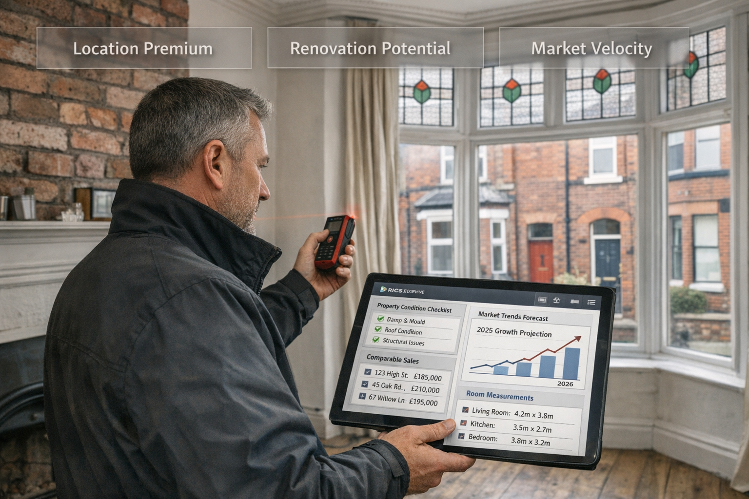 Detailed landscape format (1536x1024) image showing surveyor conducting on-site property assessment in Northern England terraced house. Prof