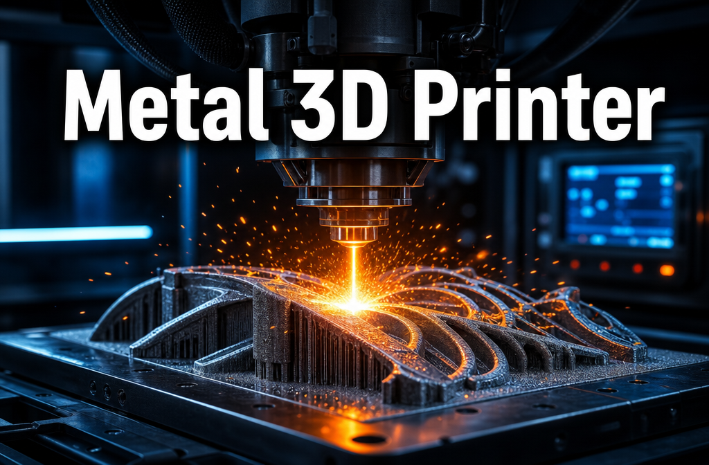 Professional () hero image with : 'Metal 3D Printer' in extra large white with dark drop , centered in upper third.