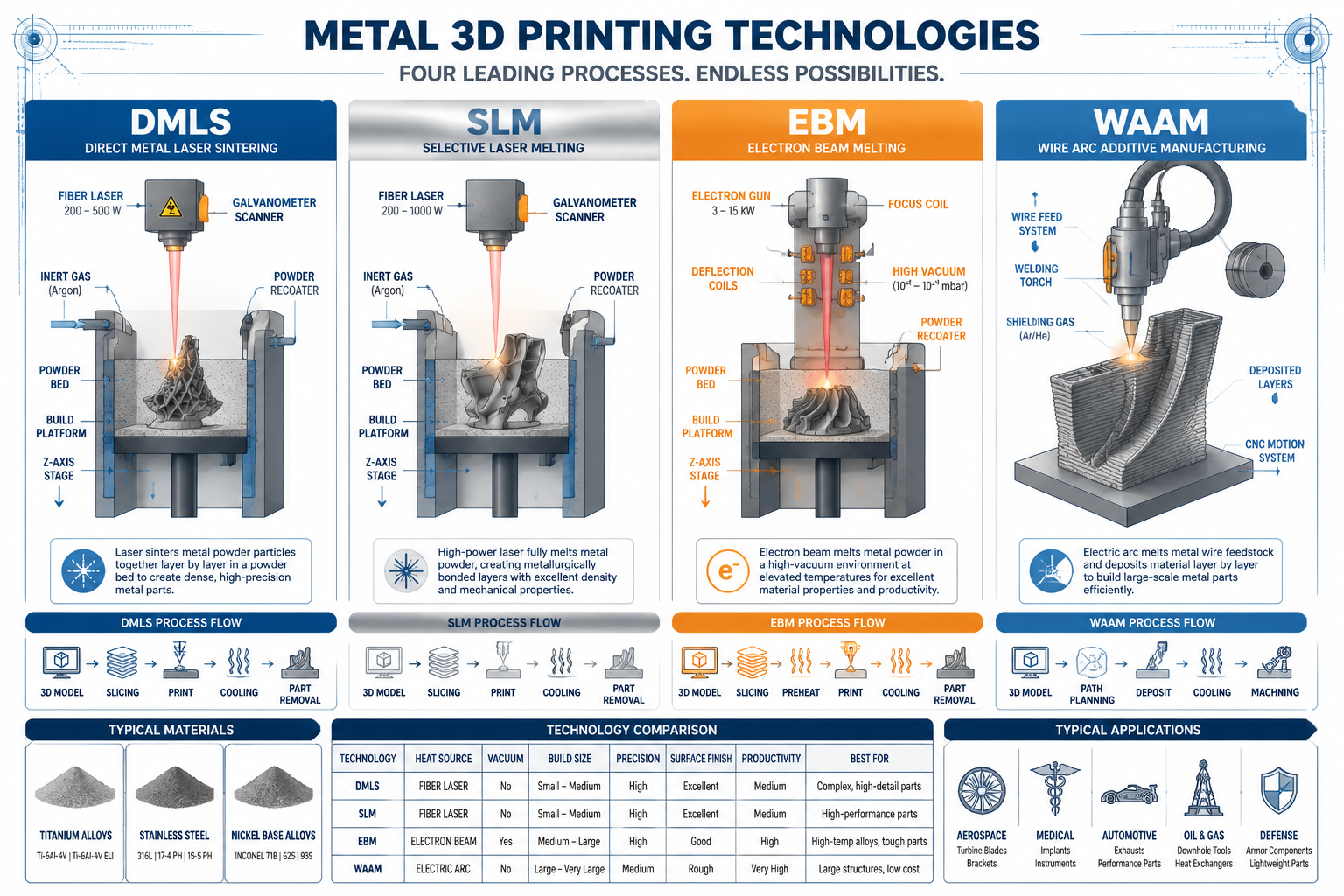 Detailed () infographic-style illustration showing four metal 3D printing technologies side by side: DMLS, SLM, EBM, and