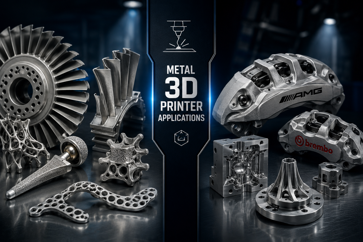 Detailed () showing a dramatic split-scene comparison: left side features aerospace turbine blades and medical implants