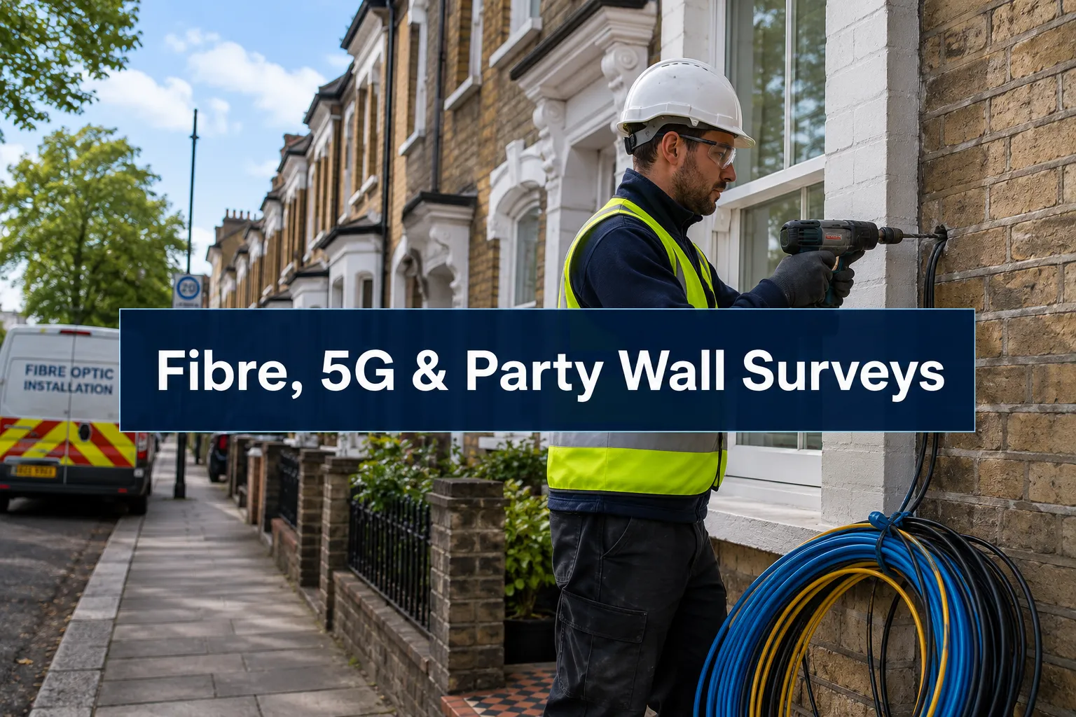 Professional () hero image with (≤42 chars): 'Fibre, 5G & Party Wall Surveys' in crisp white on a deep navy semi-transparent