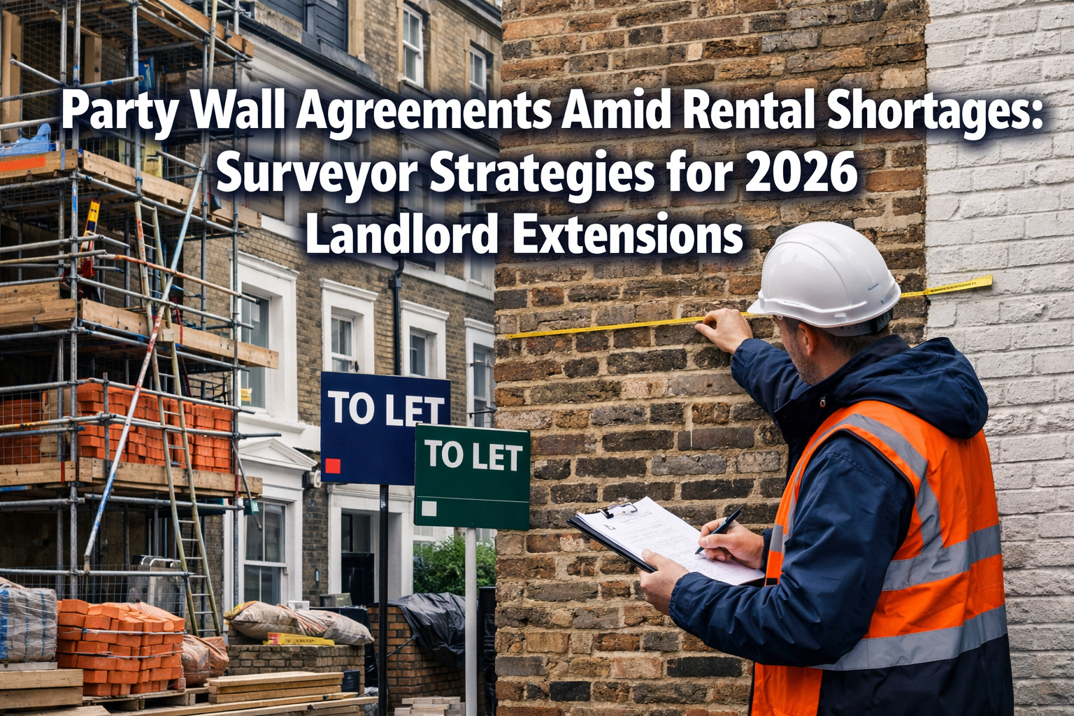 Professional () editorial hero image with 'Party Wall Agreements Amid Rental Supply Shortages: Surveyor Strategies for 2026