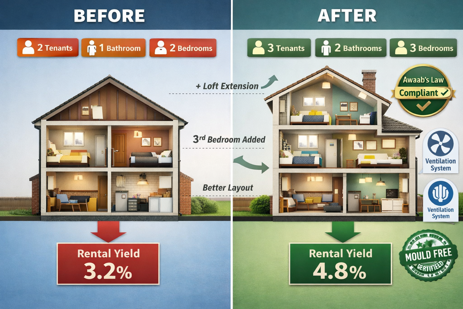 () split-screen comparison image showing 'Before' and 'After' rental property extension scenarios. Left side: cramped
