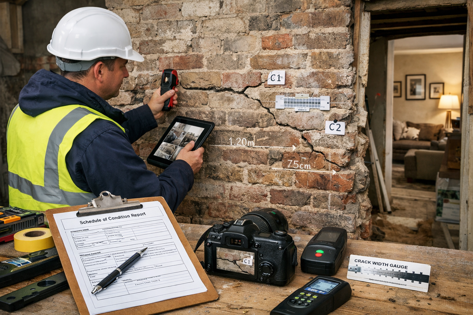 () professional scene of party wall surveyor conducting Schedule of Condition inspection in rental property undergoing